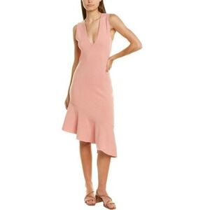 525 America Asymmetrical Ruffle Hem V Neck Midi Dress Pink Sand‎ NEW Medium
